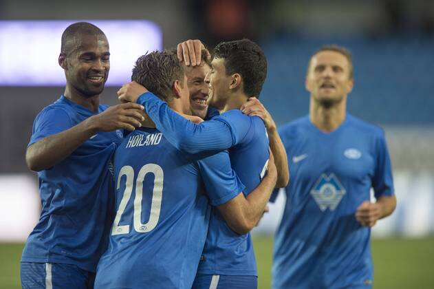 Fussball 14. Juli 2015 UEFA Champions League 2015 16 2. Quali Molde Stadion - Molde FK vs. FC Pyunik: 5 - 0 Ola Kamara (L) , Tommy Hoeiland (4R) , Mattias Mostroem (3R) , Mohamed Elyounoussi (2R) og Daniel berg Hestad (R) , Molde 