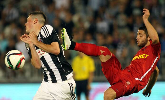 14.07.2015 Belgrade(Serbia) FK Partizan-FC Dila Gori UEFA Champions League qualifyng 2nd leg men s football Nikola Ninkovic(L) FK Partizan and Guga Phalavandishvili(r) FC Dila Gori : 