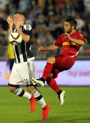 14.07.2015 Belgrade(Serbia) FK Partizan-FC Dila Gori UEFA Champions League qualifyng 2nd leg men s football Nikola Ninkovic(L) FK Partizan and Guga Phalavandishvili(r) FC Dila Gori : 