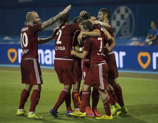 ZAGREB, July 15, 2015 -- Players of Fola Esch celebrate after scoring during UEFA Champions League 2nd qualifying round soccer match against Dinamo Zagreb at the Maksimir Stadium in Zagreb, Croatia, July 15, 2015. Game ended in 1-1 draw. ) (SP)CROATIA-ZAGREB-UEFA CHAMPIONS LEAGUE QUALIFYING misoxlisanin 