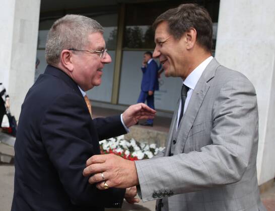 MOSCOW, RUSSIA. JULY 19, 2015. International Olympic Committee president Thomas Bach (L) and Russian Olympic Committee president Alexander Zhukov share a hug berore an Olympic Order award ceremony. Vyacheslav Prokofyev TASS  TS007F60