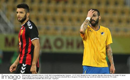21.07.2015 Skopje(Former Yugoslav Republic Macedonia) FK Vardar-FC Apoel Nicosia UEFA Champions League qualify second leg men s football Mario Sergio(r) FC Apoel during match and Artak Dashyan (L) FK Vardar : 