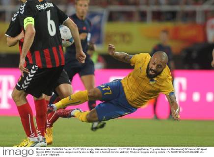 21.07.2015 Skopje(Former Yugoslav Republic Macedonia) FK Vardar-FC Apoel Nicosia UEFA Champions League qualify second leg men s football Vander Vieira(r) FC Apoel stopped during match : 