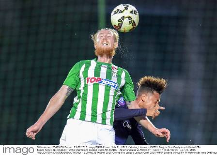 July 21, 2015 - Vilnius, Litauen - 150721 Zalgiris Yuri Kendysh och Malmö FFs Tobias Sana i en nickduell - UEFA Champions League Quali 2015 2016 - Zalgiris Vilnius vs Malmö FF - kod LT 35107 News - July 21, 2015  - ZUMAb138