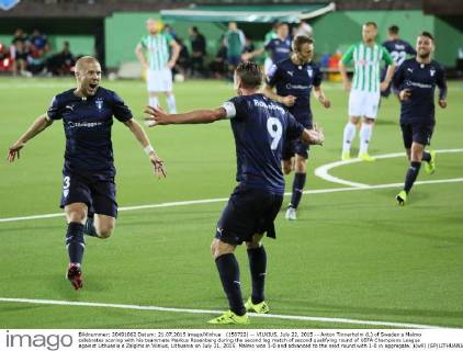 (150722) -- VILNIUS, July 22, 2015 -- Anton Tinnerholm (L) of Sweden s Malmo celebrates scoring with his teammate Markus Rosenberg during the second leg match of second qualifying round of UEFA Champions League against Lithuania s Zalgiris in Vilnius, Lithuania on July 21, 2015. Malmo won 1-0 and advanced to the next round with 1-0 in aggregate. )(wll) (SP)LITHUANIA-VILNIUS-SOCCER-UEFA CHAMPIONS LEAGUE-QUALIFYING ROUND 2-MALMO VS ZALGIRIS BuxPeng 