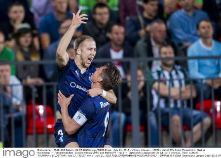 July 21, 2015 - Vilnius, Litauen - 150721 Malmö FFs Anton Tinnerholm Markus Rosenberg - fotbollsmatchen Zalgiris Vilnius VMFD and Malmö FF - Quali - Champions League den 21 juli 2015 i Vilnius. .Foto: LUDVIG THUNMAN BILDBYRAN kod LT 35107 News - July 21, 2015  - ZUMAb138