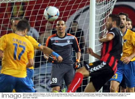 21.07.2015 Skopje(Former Yugoslav Republic Macedonia) FK Vardar-FC Apoel Nicosia UEFA Champions League qualify second leg men s football Boy Waterman(C) and Inaki Astiz(r) FC Apoel : 