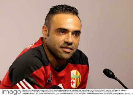 UEFA Europa League Second Qualifying Round - Second Leg National Stadium Birkirkara FC v West Ham United FC Birkirkara FC former Italy player Fabrizio Miccoli speaks at the Birkirkara FC press conference PK Pressekonferenz a day before the UEFA Europa League second qualifying round, second leg match in Malta between Birkirkara FC and West Ham United FC. UEFA Europa League - Birkirkara FC v West Ham United FC BKR_WHU_2015