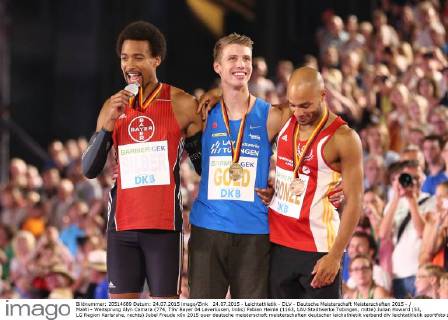 24.07.2015 - Leichtathletik - DLV - Deutsche Meisterschaft Meisterschaften 2015 - MaWi - Weitsprung Alyn Camara (774, TSV Bayer 04 Leverkusen, links) Fabian Heinle (1163, LAV Stadtwerke Tübingen, mitte) Julian Howard (53, LG Region Karlsruhe, rechts) Jubel Freude