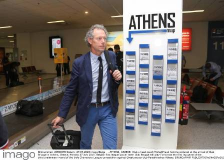 - ATHENS, GREECE: Club s head coach Michel Preud homme pictured at the arrival of Club Brugge in Athens, Greece, Monday 27 July 2015. Belgian first league soccer team Club Brugge will play Tomorrow the first leg game of the third preliminary round of the Uefa Champions League competition against Greek soccer club Panathinaikos Athens. BRUNOxFAHY  x04671618x