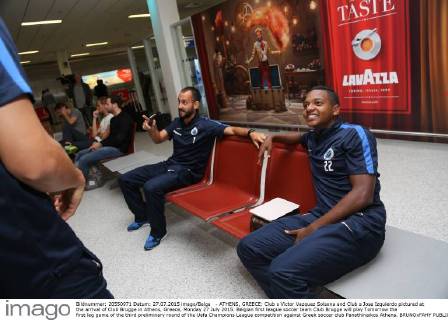 - ATHENS, GREECE: Club s Victor Vazquez Solsona and Club s Jose Izquierdo pictured at the arrival of Club Brugge in Athens, Greece, Monday 27 July 2015. Belgian first league soccer team Club Brugge will play Tomorrow the first leg game of the third preliminary round of the Uefa Champions League competition against Greek soccer club Panathinaikos Athens. BRUNOxFAHY  x04671634x