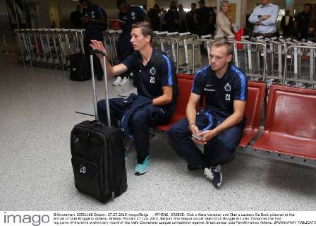 - ATHENS, GREECE: Club s Hans Vanaken and Club s Laurens De Bock pictured at the arrival of Club Brugge in Athens, Greece, Monday 27 July 2015. Belgian first league soccer team Club Brugge will play Tomorrow the first leg game of the third preliminary round of the Uefa Champions League competition against Greek soccer club Panathinaikos Athens. BRUNOxFAHY  x04671658x