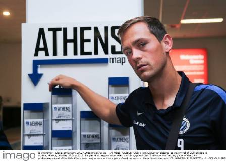 - ATHENS, GREECE: Club s Tom De Sutter pictured at the arrival of Club Brugge in Athens, Greece, Monday 27 July 2015. Belgian first league soccer team Club Brugge will play Tomorrow the first leg game of the third preliminary round of the Uefa Champions League competition against Greek soccer club Panathinaikos Athens. BRUNOxFAHY  x04671662x
