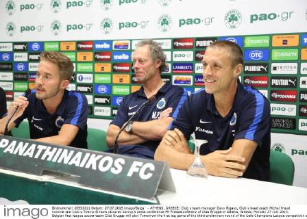 - ATHENS, GREECE: Club s team manager Devy Rigaux, Club s head coach Michel Preud homme and Club s Timmy Simons pictured during a press conference PK Pressekonferenz of Club Brugge in Athens, Greece, Monday 27 July 2015. Belgian first league soccer team Club Brugge will play Tomorrow the first leg game of the third preliminary round of the Uefa Champions League competition against Greek soccer club Panathinaikos Athens. BRUNOxFAHY  x04671744x