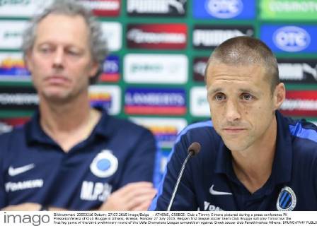- ATHENS, GREECE: Club s Timmy Simons pictured during a press conference PK Pressekonferenz of Club Brugge in Athens, Greece, Monday 27 July 2015. Belgian first league soccer team Club Brugge will play Tomorrow the first leg game of the third preliminary round of the Uefa Champions League competition against Greek soccer club Panathinaikos Athens. BRUNOxFAHY  x04671753x