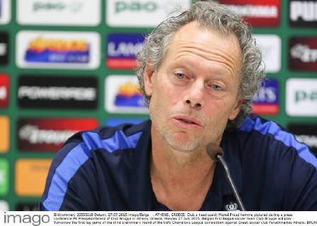 - ATHENS, GREECE: Club s head coach Michel Preud homme pictured during a press conference PK Pressekonferenz of Club Brugge in Athens, Greece, Monday 27 July 2015. Belgian first league soccer team Club Brugge will play Tomorrow the first leg game of the third preliminary round of the Uefa Champions League competition against Greek soccer club Panathinaikos Athens. BRUNOxFAHY  x04671755x