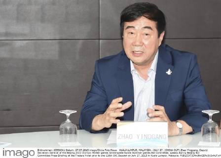 KUALA LUMPUR, MALAYSIA - JULY 27: (CHINA OUT) Zhao Yinggang, Deputy Secretary General of the Beijing 2022 Olympic Winter games Winterspiele Spiele Summer games Bid Committee, speaks during Beijing Bid Committee Press Briefing at the Traders Hotel prior to the 128th IOC Session on July 27, 2015 in Kuala Lumpur, Malaysia.  CFP470873366 