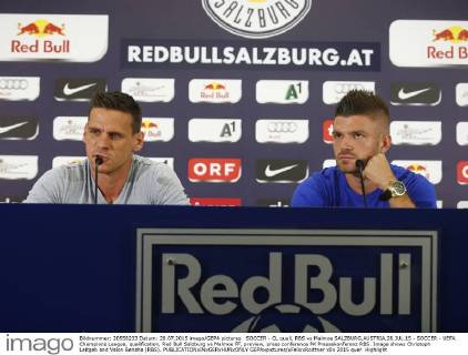 SOCCER - CL quali, RBS vs Malmoe SALZBURG,AUSTRIA,28.JUL.15 - SOCCER - UEFA Champions League, qualification, Red Bull Salzburg vs Malmoe FF, preview, press conference PK Pressekonferenz RBS. Image shows Christoph Leitgeb and Valon Berisha (RBS). GEPAxpictures xFelixxRoittner