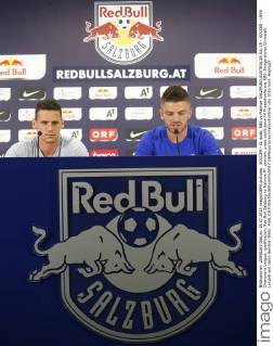 SOCCER - CL quali, RBS vs Malmoe SALZBURG,AUSTRIA,28.JUL.15 - SOCCER - UEFA Champions League, qualification, Red Bull Salzburg vs Malmoe FF, preview, press conference PK Pressekonferenz RBS. Image shows Christoph Leitgeb and Valon Berisha (RBS). GEPAxpictures xFelixxRoittner