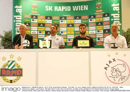 SOCCER - CL quali, Rapid vs Ajax VIENNA,AUSTRIA,28.JUL.15 - SOCCER - UEFA Champions League, qualification, SK Rapid Wien vs AFC Ajax Amsterdam, preview, press conference PK Pressekonferenz Rapid. Image shows Andreas Marek, head coach Zoran Barisic, Thanos Petsos and sports director Andreas Mueller (Rapid). Keywords: Wien Energie. GEPAxpictures xChristianxOrt