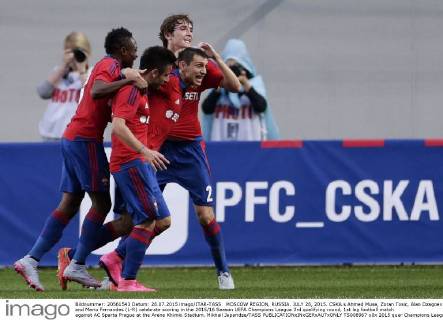 MOSCOW REGION, RUSSIA. JULY 28, 2015. CSKA s Ahmed Musa, Zoran Tosic, Alan Dzagoev and Mario Fernandes (L-R) celebrate scoring in the 2015 16 Season UEFA Champions League 3rd qualifying round, 1st leg football match against AC Sparta Prague at the Arena Khimki Stadium. Mikhail Japaridze TASS  TS008967