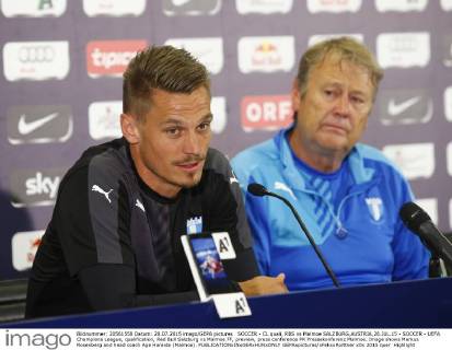 SOCCER - CL quali, RBS vs Malmoe SALZBURG,AUSTRIA,28.JUL.15 - SOCCER - UEFA Champions League, qualification, Red Bull Salzburg vs Malmoe FF, preview, press conference PK Pressekonferenz Malmoe. Image shows Markus Rosenberg and head coach Age Hareide (Malmoe). GEPAxpictures xFelixxRoittner