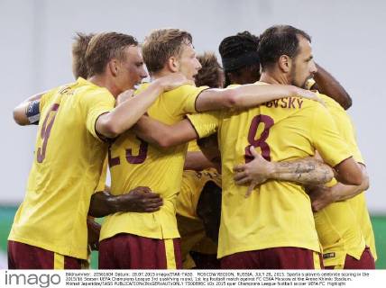 MOSCOW REGION, RUSSIA. JULY 28, 2015. Sparta s players celebrate scoring in the 2015 16 Season UEFA Champions League 3rd qualifying round, 1st leg football match against FC CSKA Moscow at the Arena Khimki Stadium. Mikhail Japaridze TASS  TS00896C