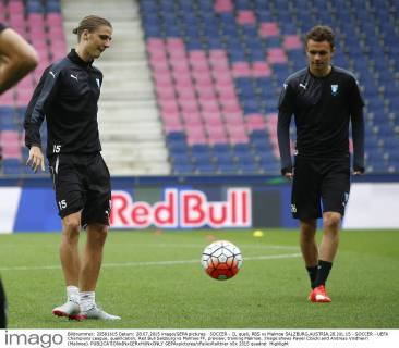 SOCCER - CL quali, RBS vs Malmoe SALZBURG,AUSTRIA,28.JUL.15 - SOCCER - UEFA Champions League, qualification, Red Bull Salzburg vs Malmoe FF, preview, training Malmoe. Image shows Pawel Cibicki and Andreas Vindheim (Malmoe). GEPAxpictures xFelixxRoittner