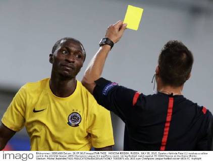 MOSCOW REGION, RUSSIA. JULY 28, 2015. Sparta s Kehinde Fatai (L) receives a yellow card in the 2015 16 Season UEFA Champions League 3rd qualifying round, 1st leg football match against FC CSKA Moscow at the Arena Khimki Stadium. Mikhail Japaridze TASS  TS008971