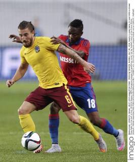 MOSCOW REGION, RUSSIA. JULY 28, 2015. Sparta s Lukas Vacha (L) and CSKA s Ahmed Musa fight for the ball in their 2015 16 Season UEFA Champions League 3rd qualifying round, 1st leg football match at the Arena Khimki Stadium. Mikhail Japaridze TASS  TS008972