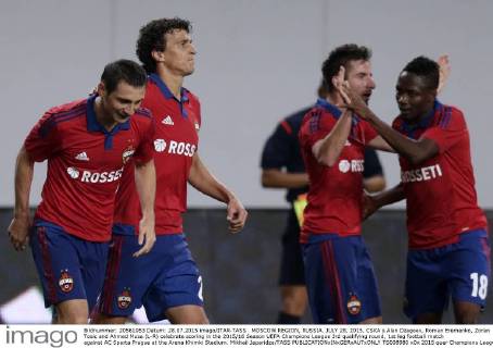 MOSCOW REGION, RUSSIA. JULY 28, 2015. CSKA s Alan Dzagoev, Roman Eremenko, Zoran Tosic and Ahmed Musa (L-R) celebrate scoring in the 2015 16 Season UEFA Champions League 3rd qualifying round, 1st leg football match against AC Sparta Prague at the Arena Khimki Stadium. Mikhail Japaridze TASS  TS008980