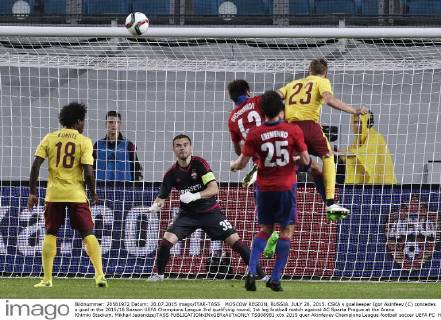 MOSCOW REGION, RUSSIA. JULY 28, 2015. CSKA s goalkeeper Igor Akinfeev (C) concedes a goal in the 2015 16 Season UEFA Champions League 3rd qualifying round, 1st leg football match against AC Sparta Prague at the Arena Khimki Stadium. Mikhail Japaridze TASS  TS008981