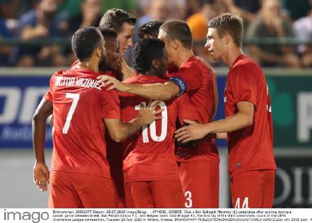 - ATHENS, GREECE: Club s Boli Bolingoli Mbombo (L) celebrates after scoring during a soccer game between Greek club Panathinaikos F.C. and Belgian team Club Brugge KV, the first leg of the third preliminary round of the UEFA Champions League competition, Tuesday 28 July 2015 in Athens, Greece. BRUNOxFAHY  x04672121x