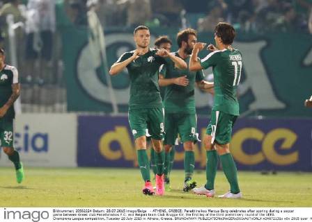 - ATHENS, GREECE: Panathinaikos Marcus Berg celebrates after scoring during a soccer game between Greek club Panathinaikos F.C. and Belgian team Club Brugge KV, the first leg of the third preliminary round of the UEFA Champions League competition, Tuesday 28 July 2015 in Athens, Greece. BRUNOxFAHY  x04672131x