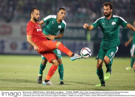 - ATHENS, GREECE: Club s Victor Vazquez Solsona and Panathinaikos Giorgos Koutroubis fight for the ball during a soccer game between Greek club Panathinaikos F.C. and Belgian team Club Brugge KV, the first leg of the third preliminary round of the UEFA Champions League competition, Tuesday 28 July 2015 in Athens, Greece. BRUNOxFAHY  x04672134x
