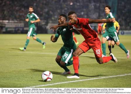- ATHENS, GREECE: Panathinaikos Abdul Jeleel Ajagun and Club s Boli Bolingoli Mbombo fight for the ball during a soccer game between Greek club Panathinaikos F.C. and Belgian team Club Brugge KV, the first leg of the third preliminary round of the UEFA Champions League competition, Tuesday 28 July 2015 in Athens, Greece. BRUNOxFAHY  x04672137x