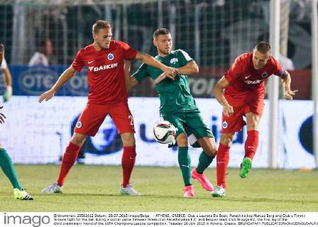 - ATHENS, GREECE: Club s Laurens De Bock, Panathinaikos Marcus Berg and Club s Timmy Simons fight for the ball during a soccer game between Greek club Panathinaikos F.C. and Belgian team Club Brugge KV, the first leg of the third preliminary round of the UEFA Champions League competition, Tuesday 28 July 2015 in Athens, Greece. BRUNOxFAHY  x04672141x