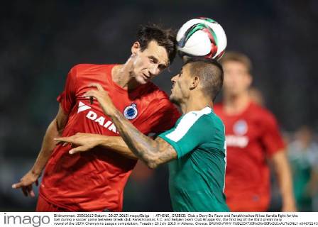 - ATHENS, GREECE: Club s Davy De Fauw and Panathinaikos Nikos Karelis fight for the ball during a soccer game between Greek club Panathinaikos F.C. and Belgian team Club Brugge KV, the first leg of the third preliminary round of the UEFA Champions League competition, Tuesday 28 July 2015 in Athens, Greece. BRUNOxFAHY  x04672143x