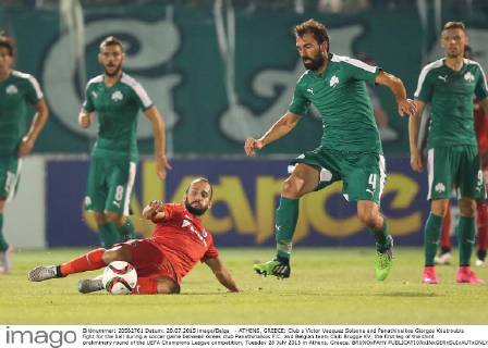 - ATHENS, GREECE: Club s Victor Vazquez Solsona and Panathinaikos Giorgos Koutroubis fight for the ball during a soccer game between Greek club Panathinaikos F.C. and Belgian team Club Brugge KV, the first leg of the third preliminary round of the UEFA Champions League competition, Tuesday 28 July 2015 in Athens, Greece. BRUNOxFAHY  x04672144x