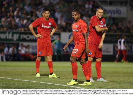 - ATHENS, GREECE: Club s Oscar Duarte, Club s Jose Izquierdo and Club s Timmy Simons look dejected during a soccer game between Greek club Panathinaikos F.C. and Belgian team Club Brugge KV, the first leg of the third preliminary round of the UEFA Champions League competition, Tuesday 28 July 2015 in Athens, Greece. BRUNOxFAHY  x04672148x