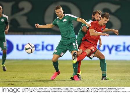 - ATHENS, GREECE: Panathinaikos Marcus Berg and Club s Davy De Fauw fight for the ball during a soccer game between Greek club Panathinaikos F.C. and Belgian team Club Brugge KV, the first leg of the third preliminary round of the UEFA Champions League competition, Tuesday 28 July 2015 in Athens, Greece. BRUNOxFAHY  x04672159x