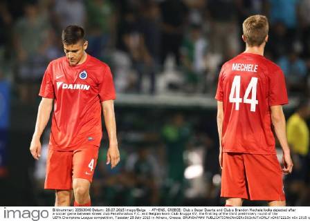 - ATHENS, GREECE: Club s Oscar Duarte and Club s Brandon Mechele looks dejected after a soccer game between Greek club Panathinaikos F.C. and Belgian team Club Brugge KV, the first leg of the third preliminary round of the UEFA Champions League competition, Tuesday 28 July 2015 in Athens, Greece. BRUNOxFAHY  x04672210x