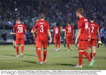 - ATHENS, GREECE: Club s players look dejected after a soccer game between Greek club Panathinaikos F.C. and Belgian team Club Brugge KV, the first leg of the third preliminary round of the UEFA Champions League competition, Tuesday 28 July 2015 in Athens, Greece. BRUNOxFAHY  x04672231x