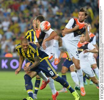 UEFA Champions League third qualifying round match between Fenerbahce and Shakhtar Donetsk at Sukru Saracoglu Stadium in Istanbul, Turkey, 28 July 2015 Pictured: Jose Fernandao f Fenerbahce and Darijo Srna of Shakhtar Donetsk. 