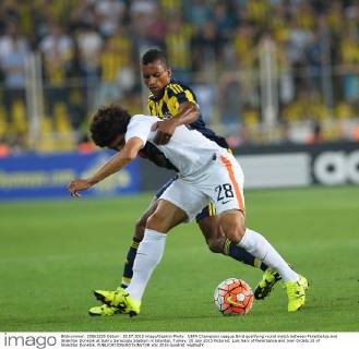 UEFA Champions League third qualifying round match between Fenerbahce and Shakhtar Donetsk at Sukru Saracoglu Stadium in Istanbul, Turkey, 28 July 2015 Pictured: Luis Nani of Fenerbahce and Ivan Ordets 18 of Shakhtar Donetsk. 