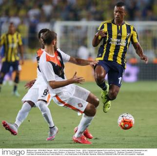 UEFA Champions League third qualifying round match between Fenerbahce and Shakhtar Donetsk at Sukru Saracoglu Stadium in Istanbul, Turkey, 28 July 2015 Final Score : Fenerbahce 0 - Shakhtar Donetsk 0 Pictured: Luis Nani of Fenerbahce and Ivan Ordets (L) , Fred Rodrigues 8 of Shakhtar Donetsk. 