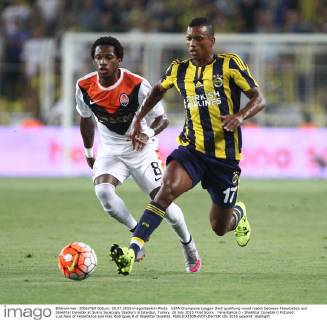 UEFA Champions League third qualifying round match between Fenerbahce and Shakhtar Donetsk at Sukru Saracoglu Stadium in Istanbul, Turkey, 28 July 2015 Final Score : Fenerbahce 0 - Shakhtar Donetsk 0 Pictured: Luis Nani of Fenerbahce and Fred Rodrigues 8 of Shakhtar Donetsk. 