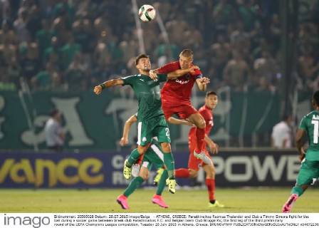 - ATHENS, GREECE: Panathinaikos Rasmus Thelander and Club s Timmy Simons fight for the ball during a soccer game between Greek club Panathinaikos F.C. and Belgian team Club Brugge KV, the first leg of the third preliminary round of the UEFA Champions League competition, Tuesday 28 July 2015 in Athens, Greece. BRUNOxFAHY  x04672238x