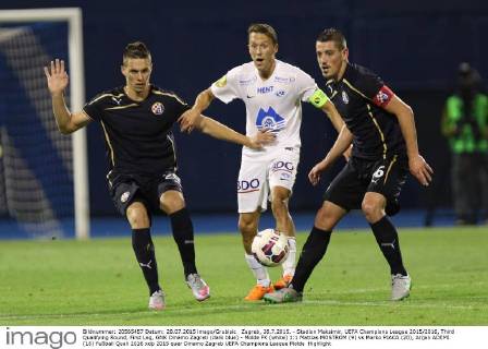 Zagreb, 28.7.2015. - Stadion Maksimir, UEFA Champions League 2015 2016, Third Qualifying Round, First Leg, GNK Dinamo Zagreb (dark blue) - Molde FK (white) 1:1 Mattias MOSTROM (9) vs Marko PJACA (20), Arijan ADEMI (16)