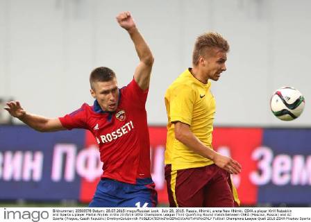 July 28, 2015. Russia, Khimki, arena New Khimki. CSKA s player Kirill Nababkin and Sparta s player Martin Frydek in the 2015 16 UEFA Champions League Third Qualifying Round match between CSKA (Moscow, Russia) and AC Sparta (Prague, Czech Republic) DmitryxGolubovich 